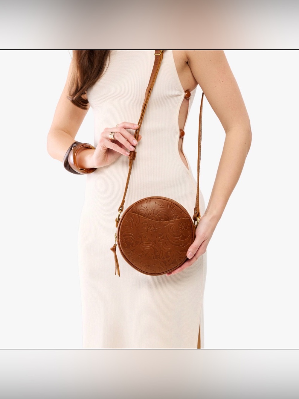 Portland Leather Goods Leather Meadow Floral Embossed Small Circle Crossbody
